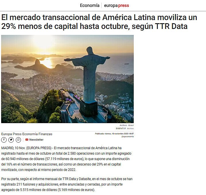 El mercado transaccional de Amrica Latina moviliza un 29% menos de capital hasta octubre, segn TTR Data